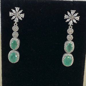 White Gold Plated 925 Sterling Silver Earrings Natural Unheated Green Emeralds